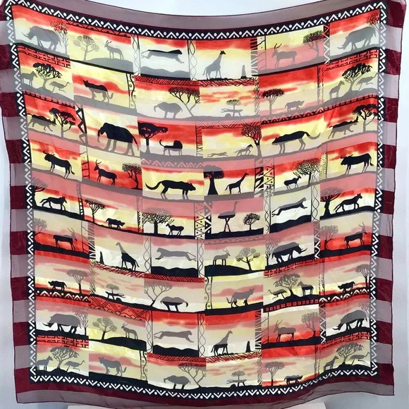 Vintage Accessories - VTG Serengeti Safari Scarf Satin African Animals Sunset Afrocentric Large Square